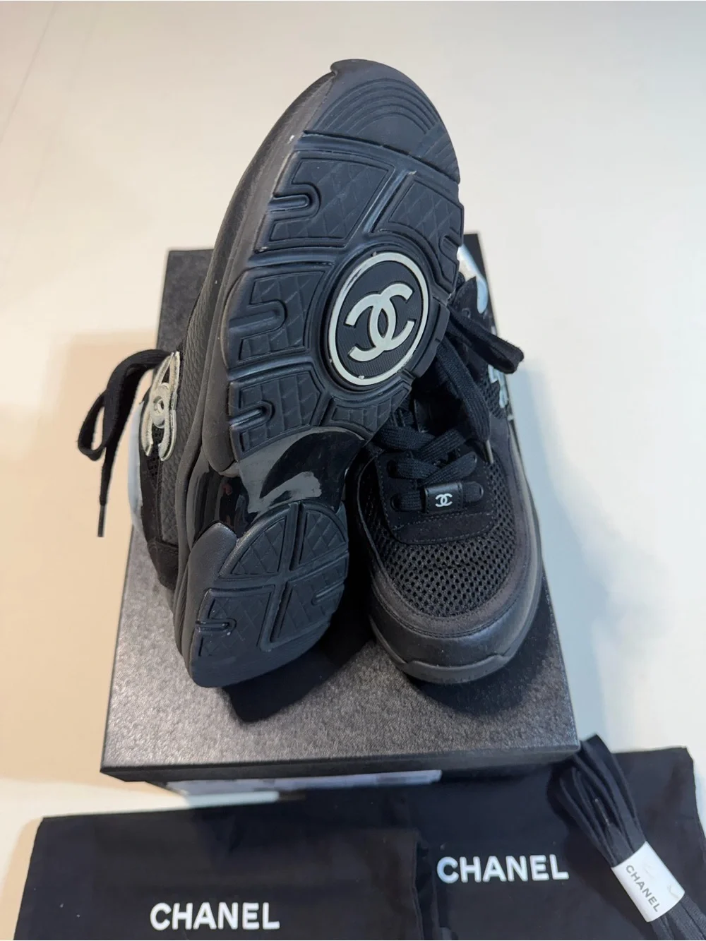 CHANEL Black Mesh & Leather Low-Top Sneakers